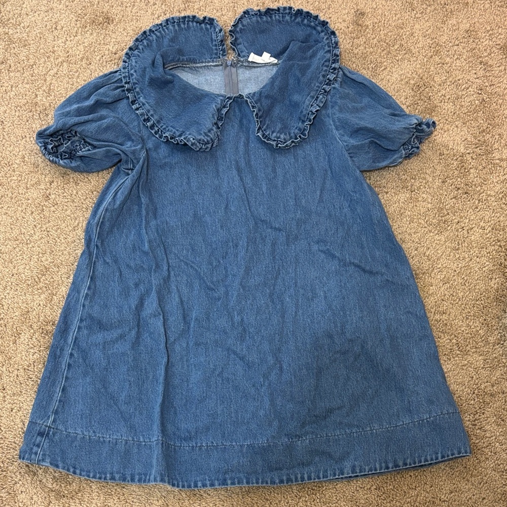 Blue Denim Dress with Ruffled Collar